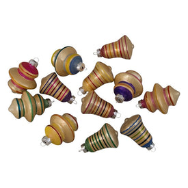 2.75" Purple and Yellow Two-Finish Striped Glass Christmas Finial and Bell Ornaments 12-Count