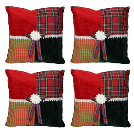 15.5" Square Textured Tartan Plaid Velvet Christmas Throw Pillows Set of 4