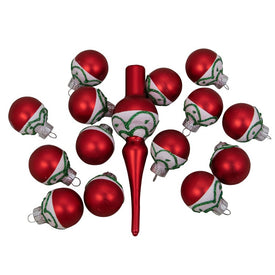 5.5" Red and White Frosted Tree Topper with Christmas Ball Ornaments 15-Count