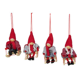 4" Red and Gray Holiday Kids on Sleds Christmas Ornament Decorations Set of 4