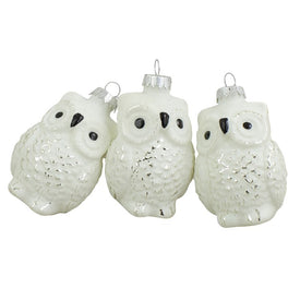2.5" Silver and White Owl Matte Glass Christmas Ornaments 3-Count