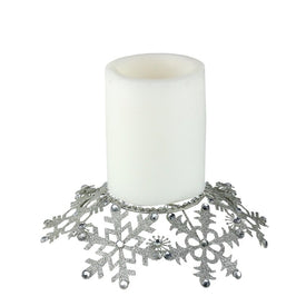 9' Silver Snowflake Glittered and Jeweled Christmas Pillar Candle Holder