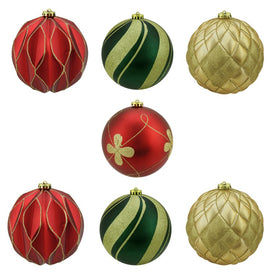 6" Red and Green Shatterproof Three-Finish Christmas Ball Ornaments 7-Count