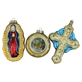 6.5" Gold and Blue Religious Figurine Glass Christmas Ornaments 3-Count