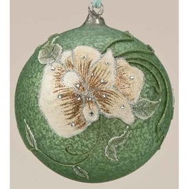 6.25" Green and Ivory Glittered Floral Christmas Ornament