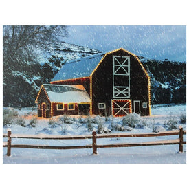 15.75" x 12" LED Fiber Optic Snowy Red Barn Christmas Canvas Wall Art