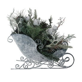 9.5" Gray and Green Frosted Christmas Pinecone Bell and Foliage Filled Tabletop Sleigh