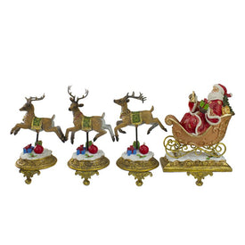 9.5" Gold and Red Santa with Reindeer Christmas Stocking Holders Set of 4