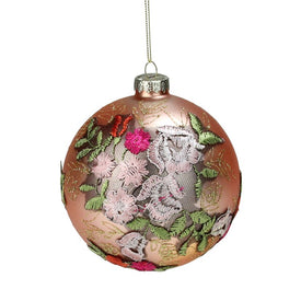 4.5" Pink Floral Applique Glass Christmas Ball Ornament