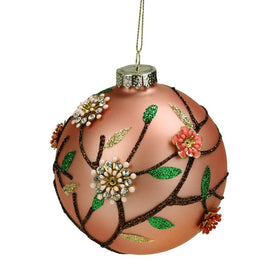 Two-Finish Rose Gold Beaded Floral Glass Christmas Ball Ornament 4" (100mm)