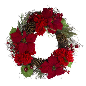 24" Red Poinsettia and Hydrangea Flowers with Berries Artificial Christmas Wreath - Unlit