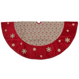 60" Burlap Glittered Snowflake Rustic Christmas Tree Skirt with Red Velvet Trim