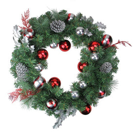 24" Artificial Christmas Wreath with Red and Silver Ornaments - Unlit