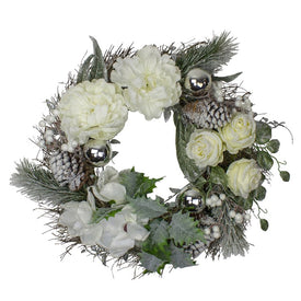 24" White and Silver Floral Flocked Pine Artificial Grapevine Christmas Wreath - Unlit