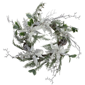 22" Iced White Poinsettia Artificial Christmas Wreath - Unlit