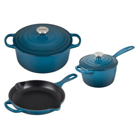 Signature Five-Piece Cast Iron Cookware Set with Stainless Steel Knobs - Deep Teal