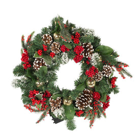 24" Battery-Operated 30-Light LED Holly Berry Wreath
