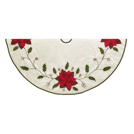 54" Ivory with Holly Leaves and Poinsettia Tree Skirt