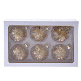 80mm Clear with Gold Pine Cones Glass Ball Ornaments 6-Piece Set
