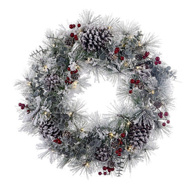 24" Battery-Operated Red Berries and Pine Cone LED Wreath