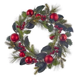 22" Battery-Operated Red Berries and Balls LED Wreath