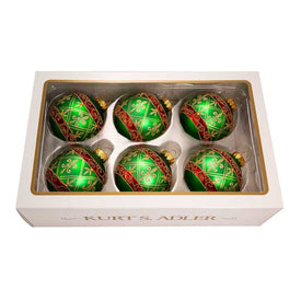 80mm Green Glass Ball Ornament With Red And Gold Fleur-De-Lis Design, 6-Piece Box