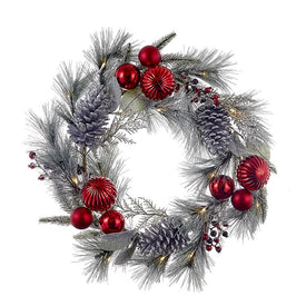 22" Battery-Operated Red Berries, Balls and Silver Pine Cone Wreath