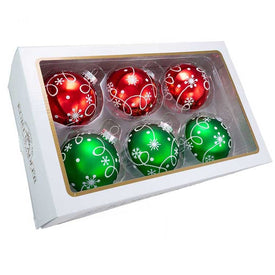 80mm Red And Green With White Swirl Design Glass Ball Ornaments 6-Piece Box