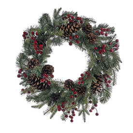 18" Battery-Operated Red Berry Pine Cone LED Wreath