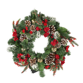 18" Battery-Operated Holly Berry and Pine Cone LED Wreath