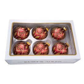 80mm Burgundy And Gold Patterned Glass Ball Ornaments 6-Piece Box