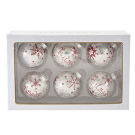 80mm Silver with Red Snowflake Glass Ball Ornaments 6-Piece Set