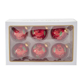 80mm Red with Holly Leaf Glass Ball Ornaments 6-Piece Set