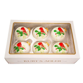 80mm White With Cardinal Glass Ball Ornaments 6-Piece Box