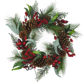 20" Wreath with Red Berries, Leaves and Pine Cones