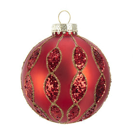 80mm Red with Glitter Pattern Glass Ball Ornaments 6-Piece Box