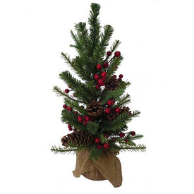 18" PVC Tree With Red Berry, Pine Cone and Burlap