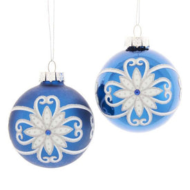 80mm Shiny and Matte Blue with White and Silver Flowers Glass Ball Ornaments 6-Piece Set