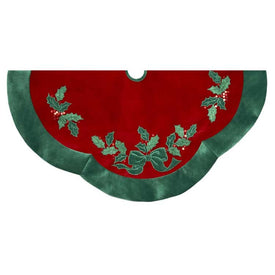 48" Velvet Red with Green Leaves Applique Tree skirt