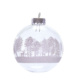 80mm Clear with White Tree Design Glass Ball Ornaments 6-Piece Box