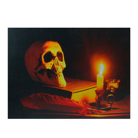 12" x 15.75" Black and Orange Antique Candle Lighting Up a Skull LED Lighted Halloween Wall Art