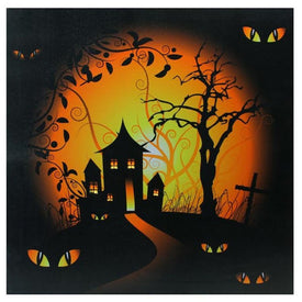 19.75" x 19.75" LED Lighted Spooky House and Eyes Halloween Canvas Wall Art