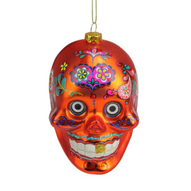 4" Orange Day of the Dead Glitter Embellished Skull Halloween Ornament