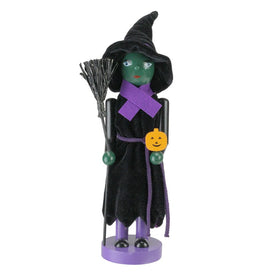 14" Black and Green Witch Holding Broom Jack-o'-Lantern Halloween Nutcracker