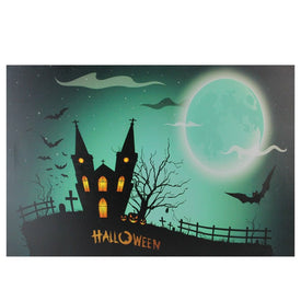 23.5" x 15.5" Green and Black LED Lighted Eerie Church in Cemetery Halloween Canvas Wall Art