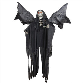 66" Spooky Town Pre-Lit Black and Red Sonic Skeletal Reaper with Wings Halloween Decor