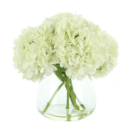 13" Artificial White Hydrangea Bouquet in Glass Vase with Acrylic Water