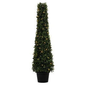 3' Potted Artificial Boxwood Cone with LED Lights