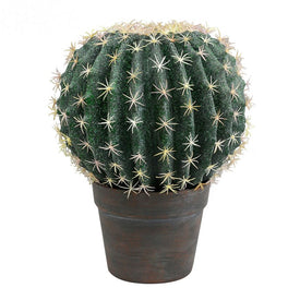 9.5" Artificial Green Barrell Cactus in Gray and Light Red Pot