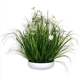 25" Artificial Potted Cream Cosmos and Green Grass in White Plastic Pot